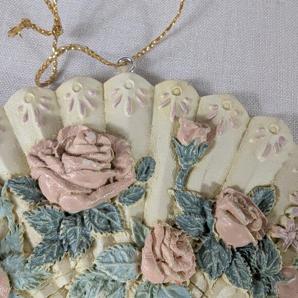 Midwest Imports Victorian Fan Christmas Ornaments Pink Roses Flowers Ivory Green - Picture 3 of 5